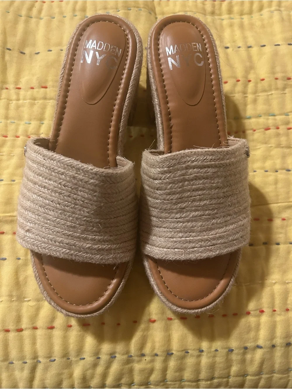Tan Espadrille Slide Heels